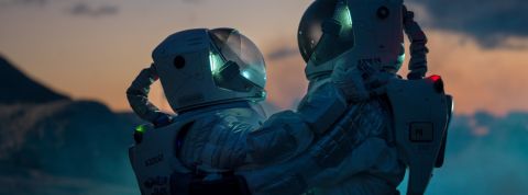 Le lexique du dating en 2019 Deux personnes en combinaison d'astronaute qui se font un câlin