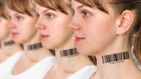 une rangée de jeunes femmes avec des codes barres imprimés dans le coup