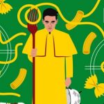 un homme en imperméable devant un tas de spaghettis