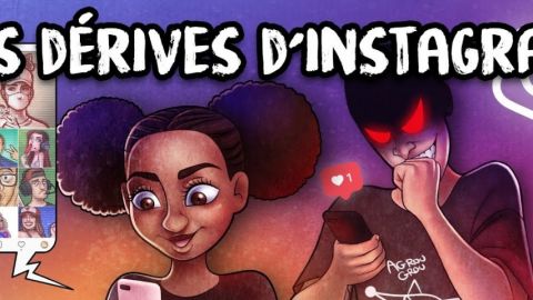 un dessing d'une jeune fille noire qui regarde instagram et un personnage inquiétant en arrière plan qui la regarde