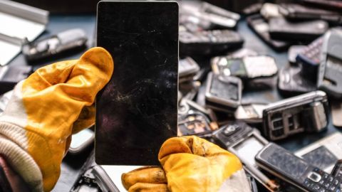 deux mains gantés démontent un smartphone