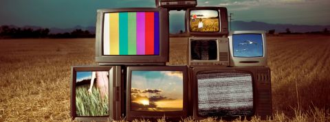 Des télévisions allumées au milieu d'un champ rasé