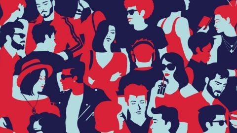 dessin d'une foule de gens en rouge et bleu