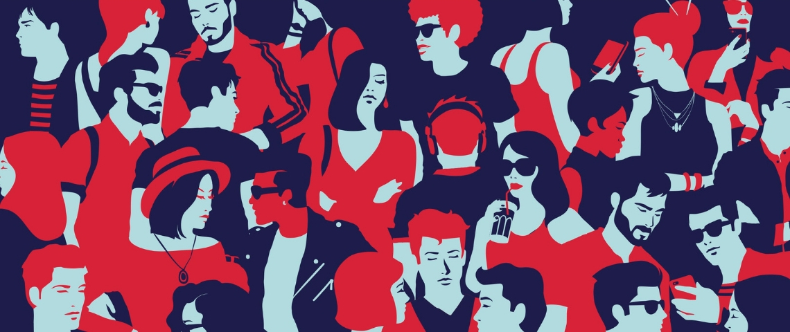 Informer ou engager, faut-il choisir ? dessin d'une foule de gens en rouge et bleu