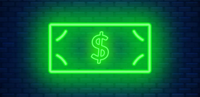 Un néon qui représente un billet avec le signe dollar