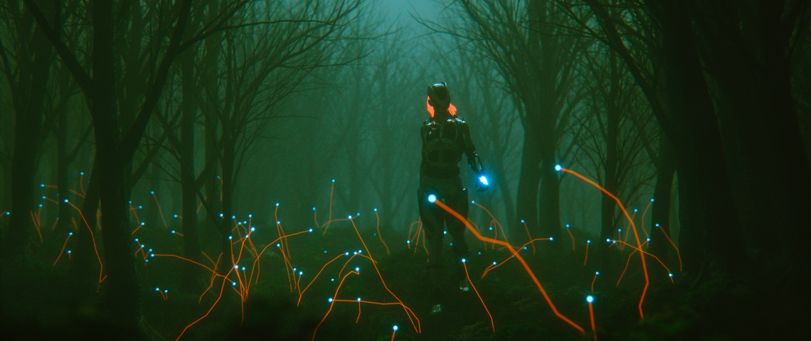 Flippant 8 Les technos de la tech qu'on espère ne jamais voir Femme robotique marchant dans une forêt à la lueur verte inquiétante.