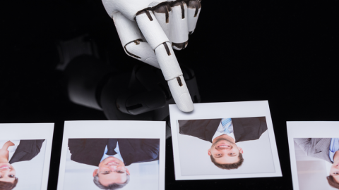 Doigt robotique pointe la photo d'un homme jeune parmi quatre photos.