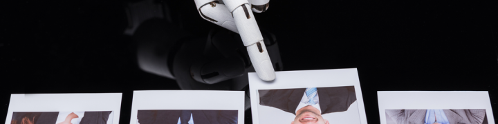 Doigt robotique pointe la photo d'un homme jeune parmi quatre photos.