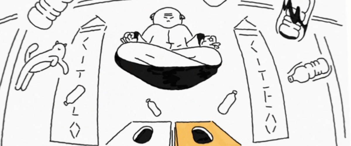 Citeo encourage les jeunes à trier leurs déchets illustration jamonaise avec homme qui flottte au dessus de collecteur de bouteilles