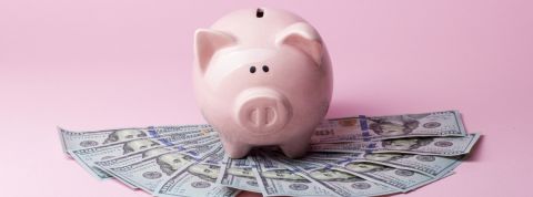 En France, les inégalités de salaire persistent Une tirelire cochon derrière une liasse de billets, sur un fond rose