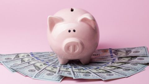 Une tirelire cochon derrière une liasse de billets, sur un fond rose