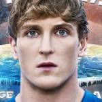 Logan Paul, devant une illustration de la Terre plate