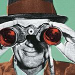 une image en noir et blanc d'un homme des années 50 qui regarde par des jumelles