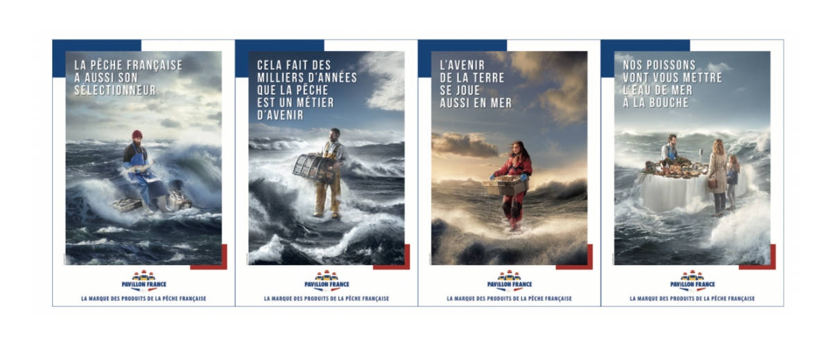 Pavillon France prend la mer avec Les Gros Mots Affiches de campagne, pêcheurs dans l'eau