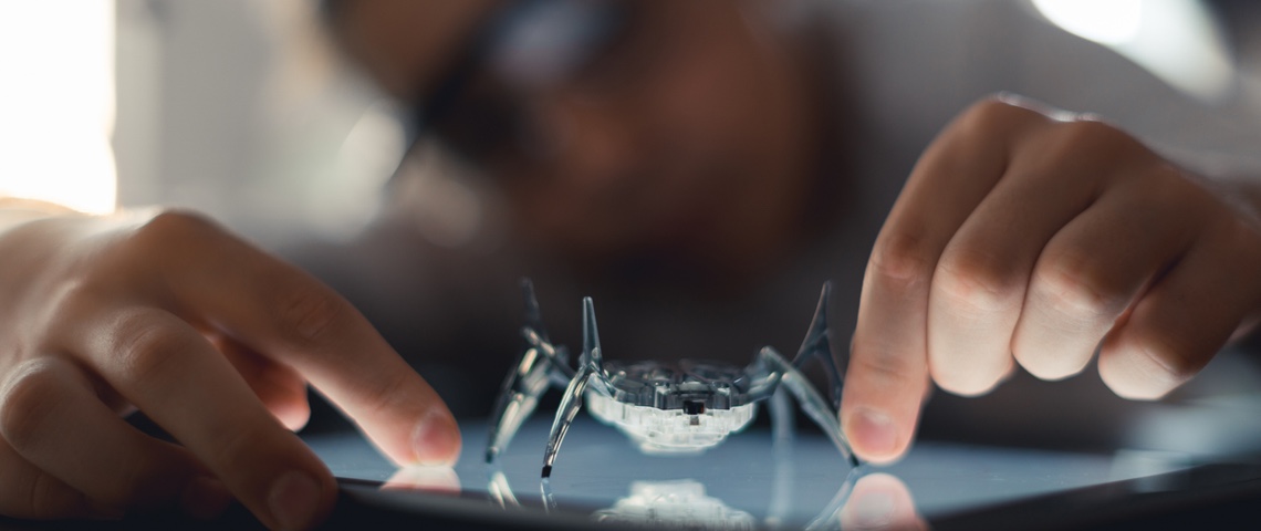 Etudier les robots comme les animaux Robot araignée observé par une personne portant des lunettes.