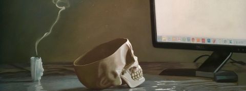 « Memento Vastum » de Julien Boily un crâne regarde un ordinateur