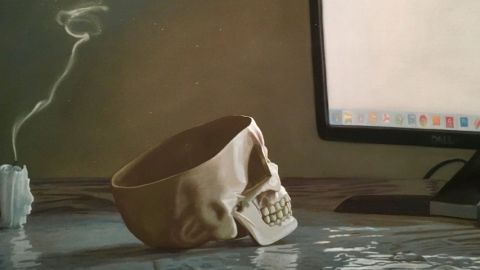 « Memento Vastum » de Julien Boily un crâne regarde un ordinateur