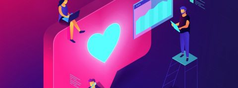 Des ingénieurs dessinés travaillent autour d'un bouton like réseaux sociaux