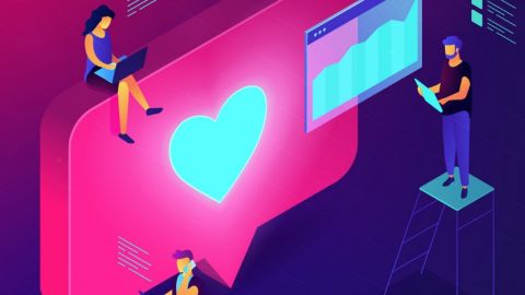 Des ingénieurs dessinés travaillent autour d'un bouton like réseaux sociaux