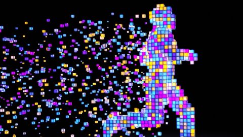 une sihouette d'homme en train de courir réalisé en pixels de couleur