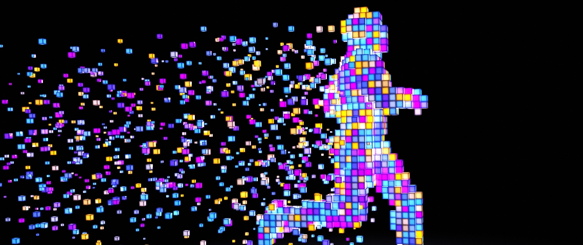 L'homme devient-il de plus en plus pressé ? une sihouette d'homme en train de courir réalisé en pixels de couleur