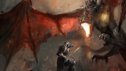 Un chevalier en train de se battre contre un dragon