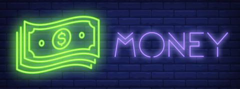Combien valent nos données ? Un signe lumineux avec des billets de banque et l'inscription Money