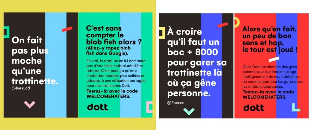 Les trottinettes électriques Dott vont à la rencontre de leurs haters Illustration coloré des - punnchlines - à l'encontre des trottinettes