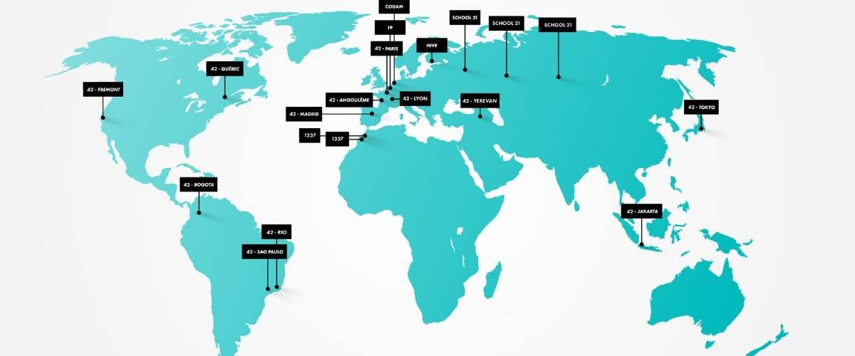 L’école fondée par Xavier Niel ouvre 11 nouveaux campus dans le monde Planisphère des établissements de l'École 42