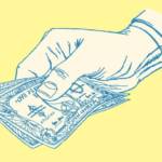 Des billets sur fond jaune tenus par une main