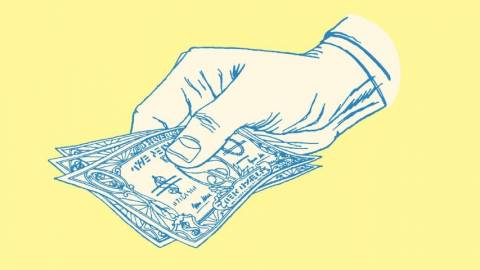 Le revenu inconditionnel, utopie ou outil d’émancipation ?  Des billets sur fond jaune tenus par une main