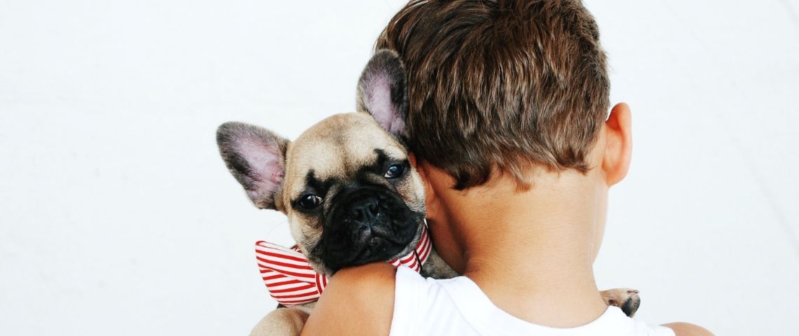 Tendance : animaux de soutien émotionnel Un petit garçon fait un calin à un chiot