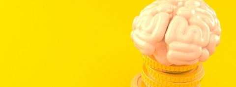 cerveau en or cerveau humain en or massif posé sur une pile de pièces de monnaie