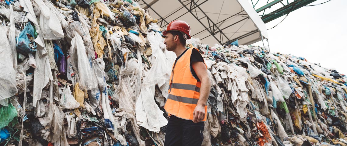 La Fashion Week pollue homme regardant un tas de dechets de vetements
