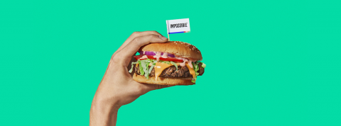 4 burgers qui veulent sauver la planète Une main qui tient un hamburger sur un fond vert