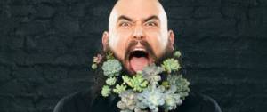 Un homme barbu envahi de plantes vertes