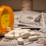 Une boîte de médicaments renversés sur des billets de banque
