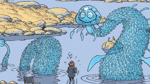 un dessin montrant un monstre aquatique sortant des eaux