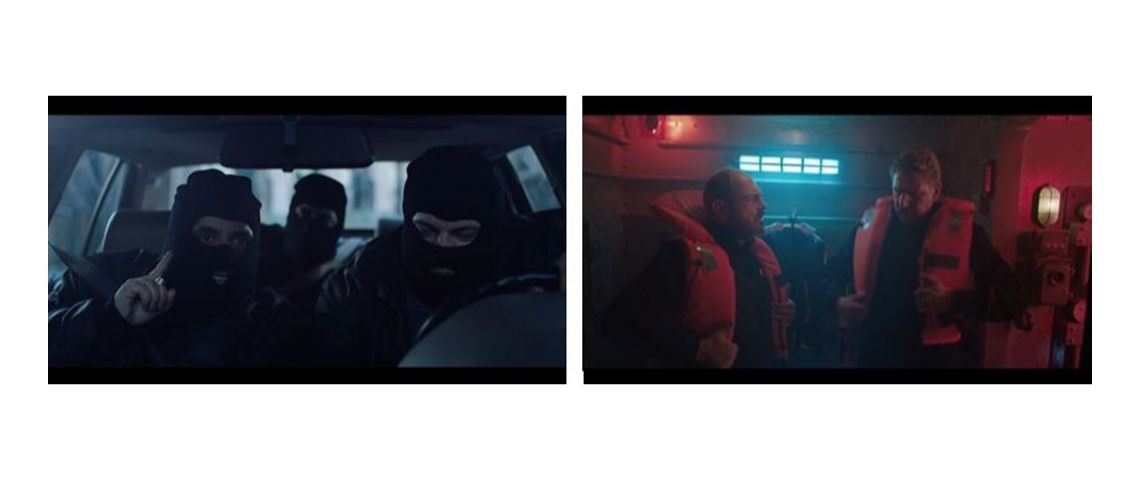 Campagne publicitaire McDonalds et TBWA/Paris pour présenter les recettes végétariennes Visuels des 2 vidéos de la campagne Mc Donalds et TBWA/Paris - A gauche des braqueurs cagoulés dans une voiture et à droite des hommes dans un sous marin avec des gilets de sauvetage