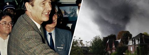 Chirac contre Lubrizol : le match médiatique une photo de Chirac à côté d'une photo montrant l'incendie de Lubrizol.