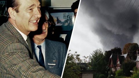 une photo de Chirac à côté d'une photo montrant l'incendie de Lubrizol.