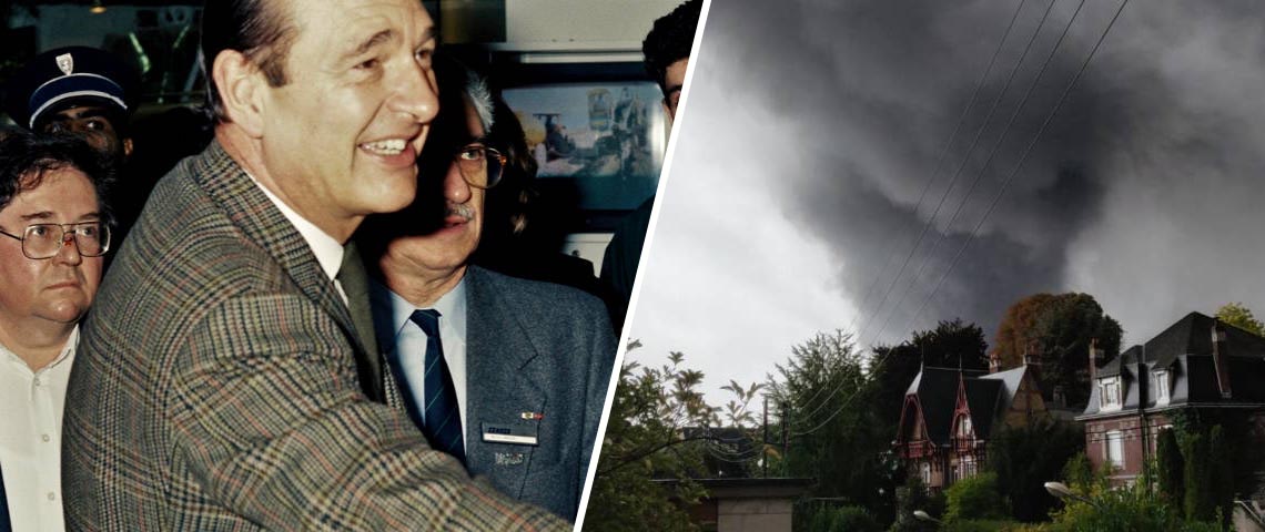 Chirac contre Lubrizol : le match médiatique une photo de Chirac à côté d'une photo montrant l'incendie de Lubrizol.
