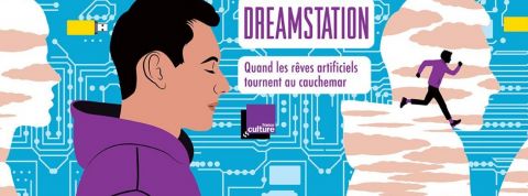 Dream station, le podcast natif de France Culture un jeune homme dessiné de profil sur fond bleu