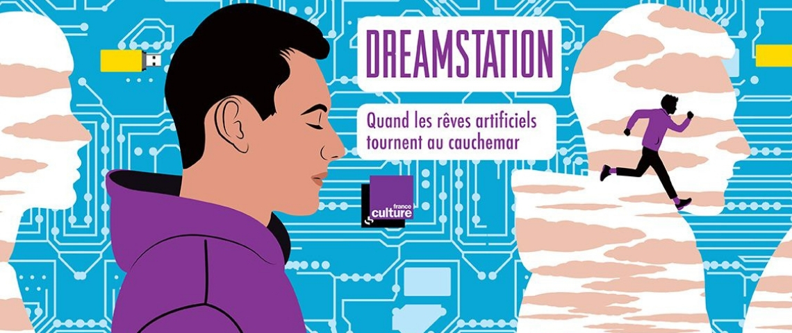 Dream station, le podcast natif de France Culture un jeune homme dessiné de profil sur fond bleu