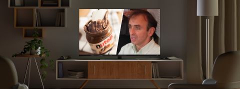 Les marques abandonnent l'émission de Zemmour Un écran de télévision coupé en deux, présentant d'un côté un pot de nutella, de l'autre Éric Zemmour