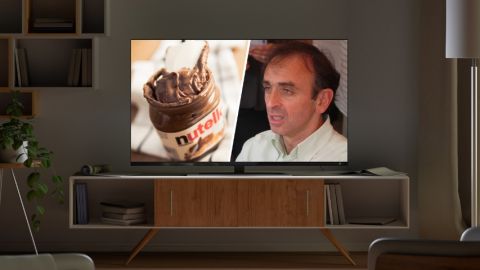 Les marques abandonnent l'émission de Zemmour Un écran de télévision coupé en deux, présentant d'un côté un pot de nutella, de l'autre Éric Zemmour