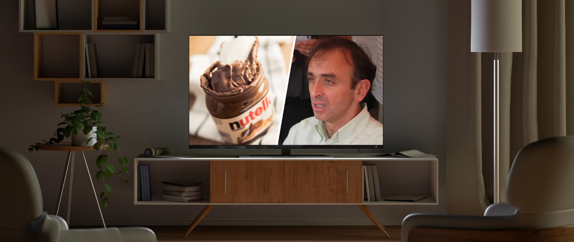 Les marques abandonnent l'émission de Zemmour Un écran de télévision coupé en deux, présentant d'un côté un pot de nutella, de l'autre Éric Zemmour