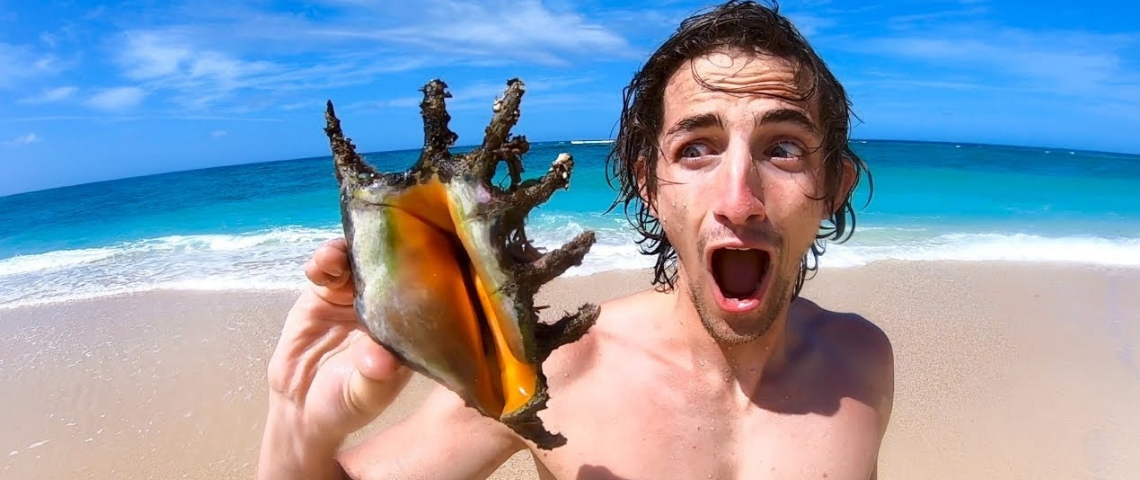 Quentin Albert est content quand il regarde son compteur de vues Un jeune homme sur une plage en train de tenir un coquillage