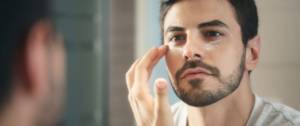 Un homme qui met de la crème sous ses yeux devant un mirroir