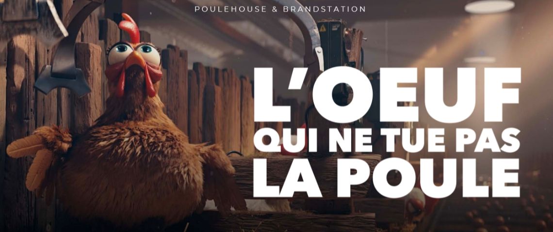 Poulehouse débarque en TV avec un film d'animation réalisé par l'Agence Brandstation Capture d'écran du film de Poulehouse avec un poulailler et la mention : Poulehouse, l'oeuf qui ne tue pas la poule